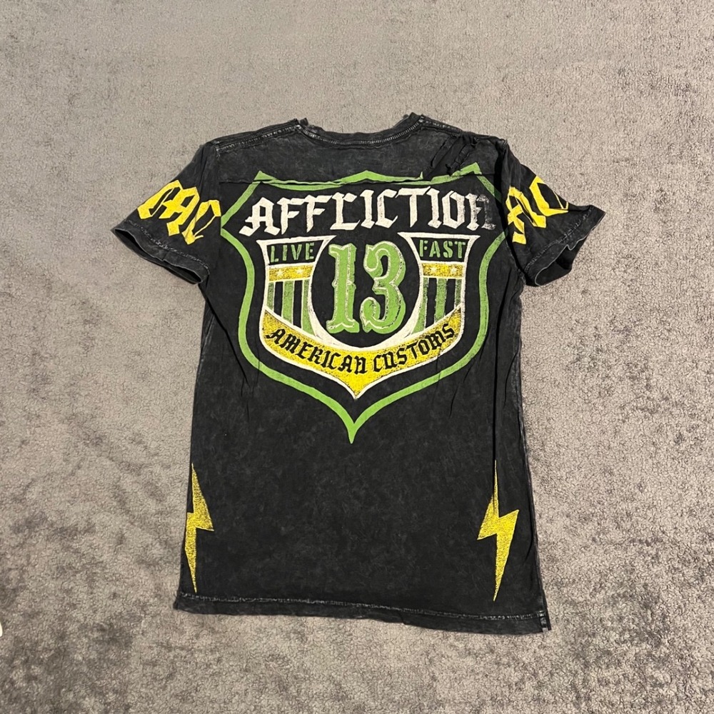 Vintage Y2K Affliction American Customs Live Fast 13 Black Acid Wash Shirt M